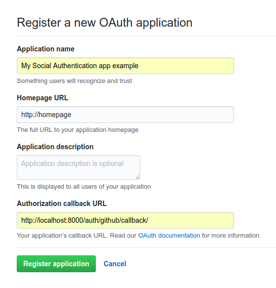 GitHub OAuth application creation